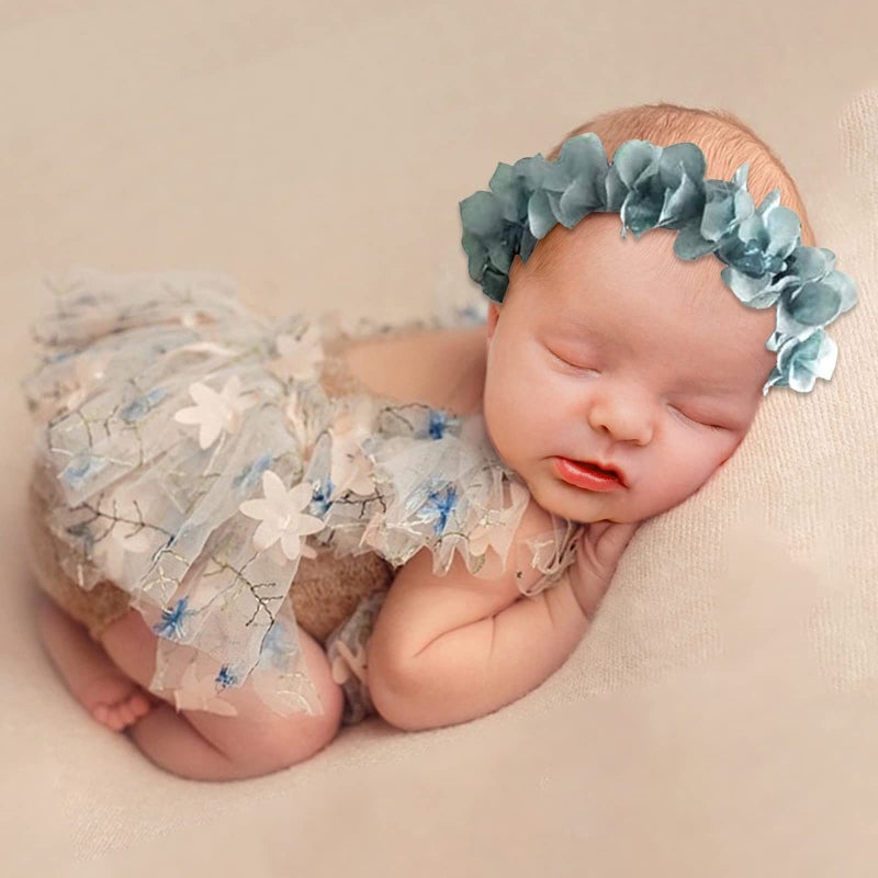 SPOKKI 3 PCS Newborn Photography Props with Baby Lace Rompers Hat Flower Headband Vest Floral Classic Outfits for Girl Princess Twins Birthday Party - Image 1
